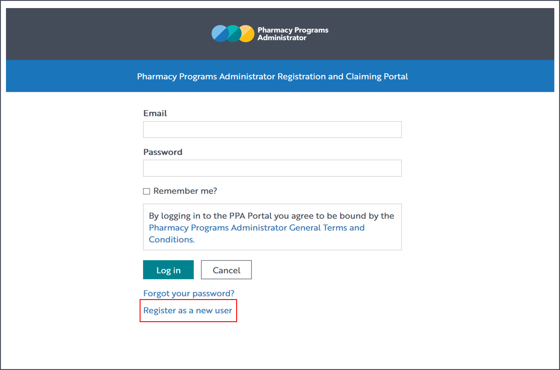 A screenshot of the PPA portal login screen, with the Register as a new user link highlighted with a red box